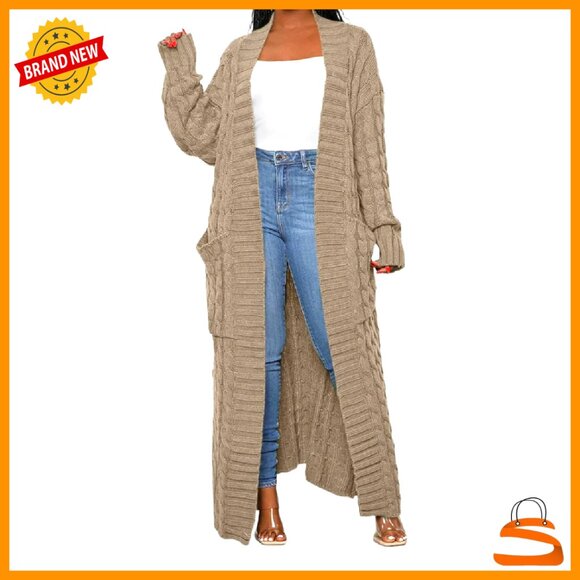 Sweaters - Oversized Chunky Cable Knit Cardigan with Pockets Maxi Length Loose Fit